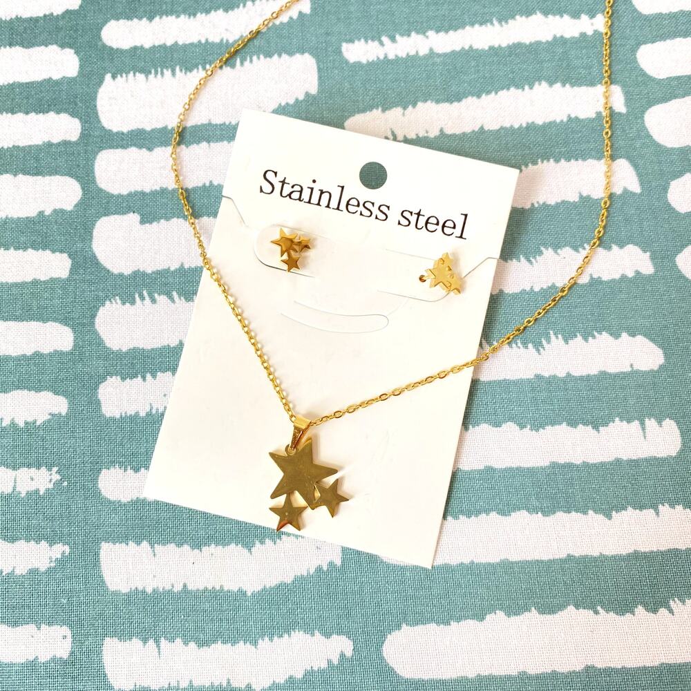 Gold Star Cluster Pendant Necklace Earring Set Women Jewelry Stainless Steel